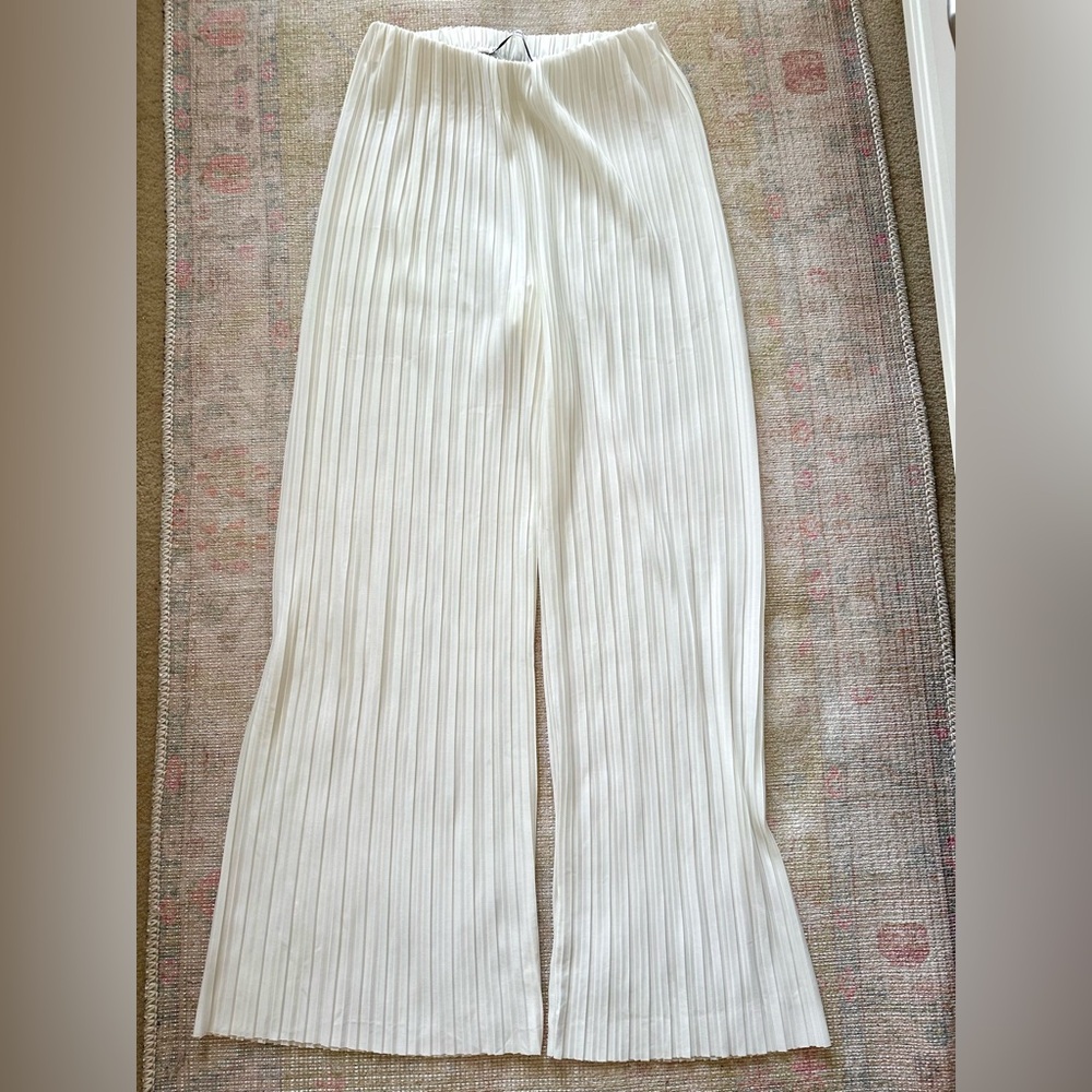 Mango White Pleated Wide-Leg Pants